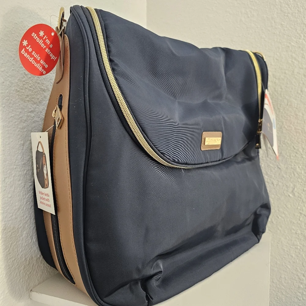 Skip Hop Navy Blue Zip Up Baby Diaper Bag With Stroller Straps NWT With Gold Zip